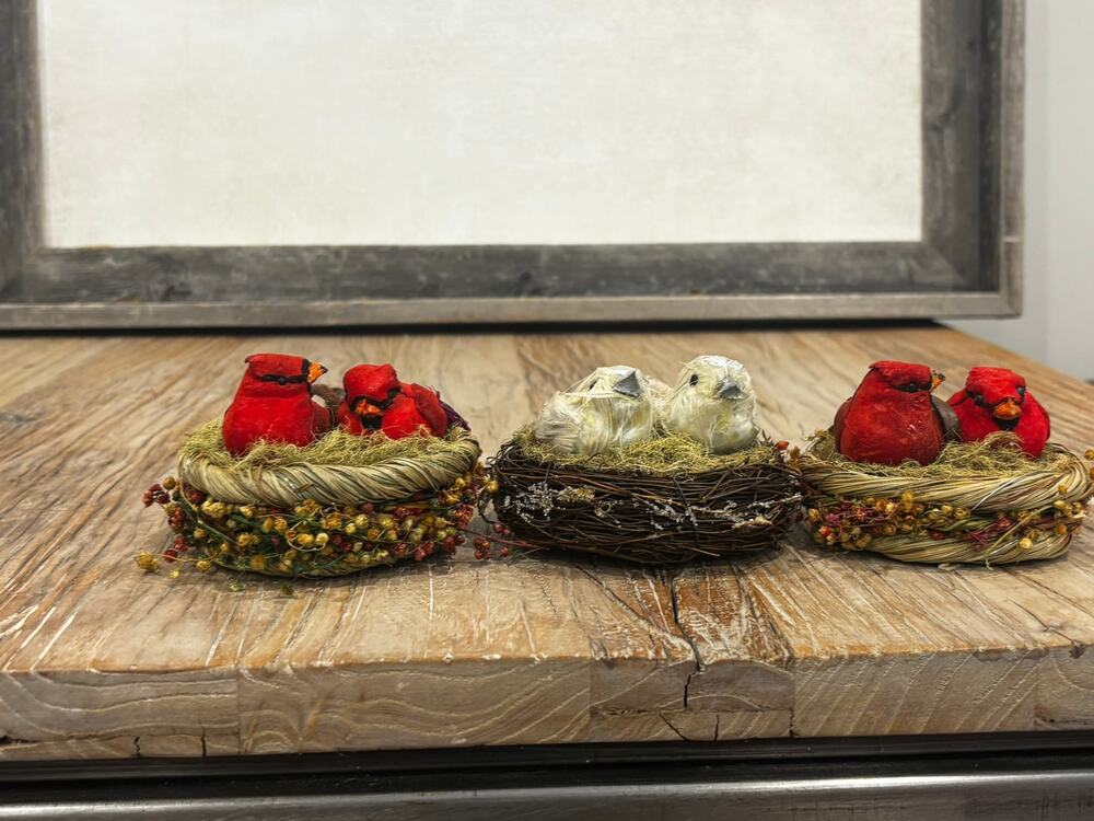 Set of 3 Bird Nest Ornaments Cardinals Baby Birds Rustic Christmas Decor